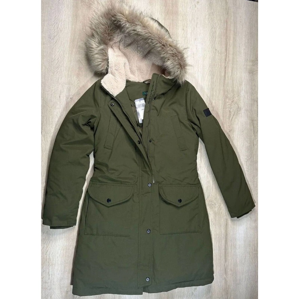 Polo Ralph Lauren Women S Green Puffer Coat Fleece Hooded Fur Parka $289